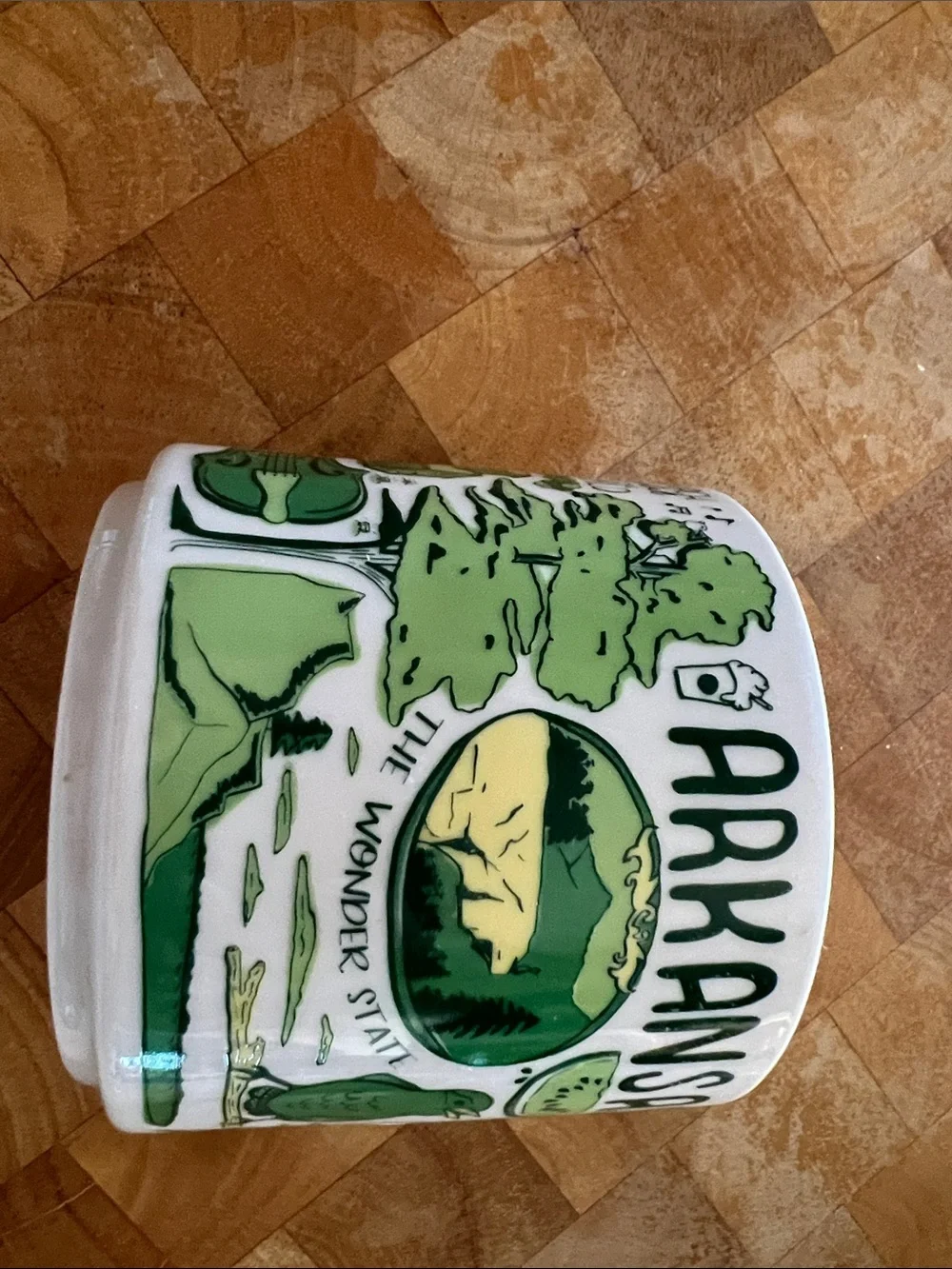 Starbucks White Arkansas Ceramic Mug with Green and Yellow Graphics